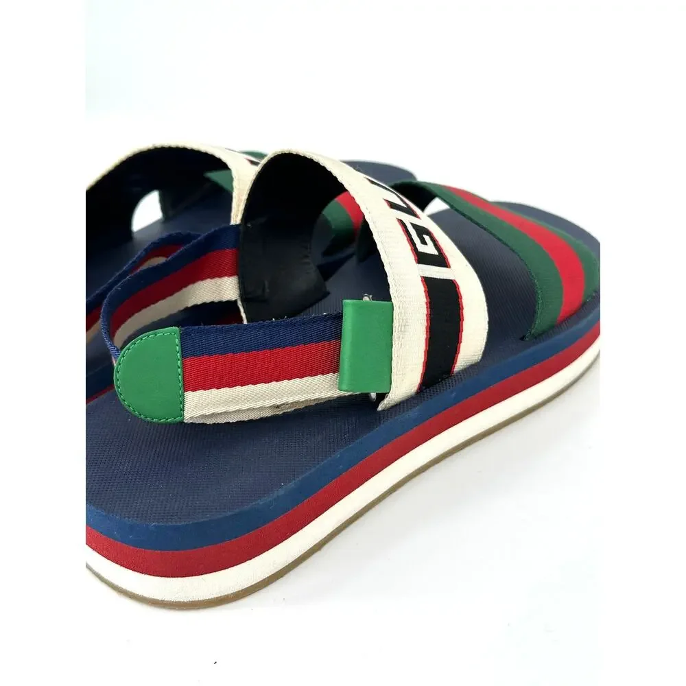 Gucci Bedlam Slingback Flatform Sandal Navy Web Stripe Logo Men's 9 EU 42